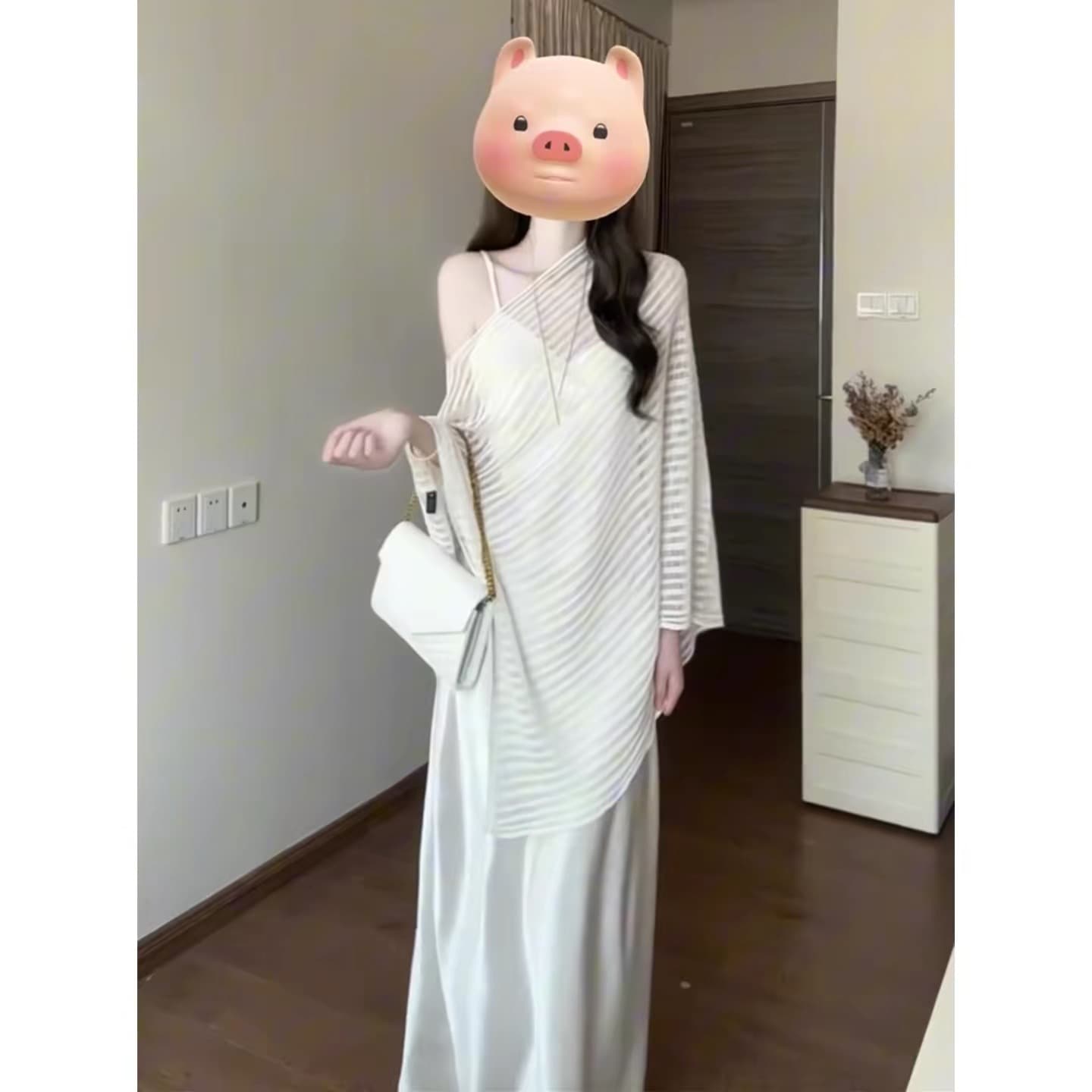 인터넷 유명인 같은 단락 고급 센스 새틴 슬립 드레스 시스루 망토 맨위 패션 세트 품격 슬림해 보이는 느긋한 바람 이미지 3