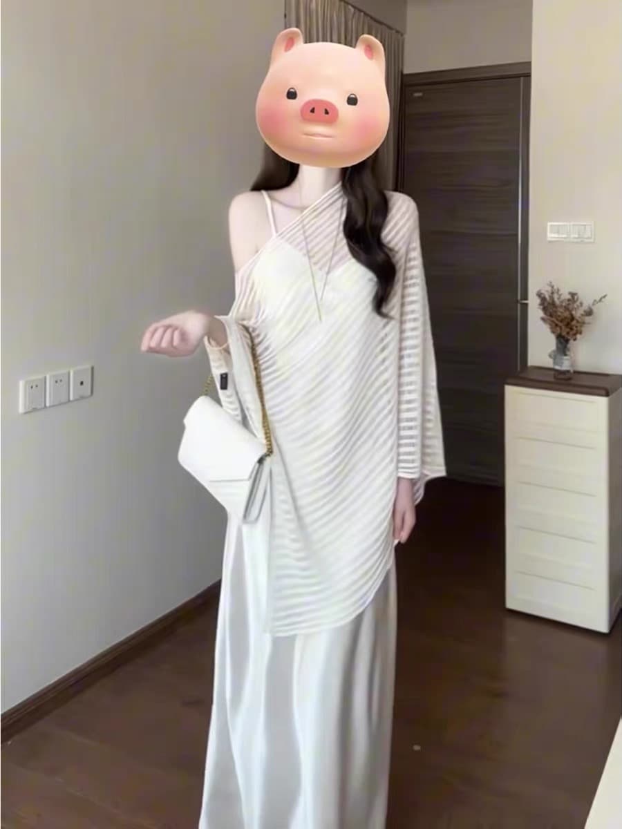 인터넷 유명인 같은 단락 고급 센스 새틴 슬립 드레스 시스루 망토 맨위 패션 세트 품격 슬림해 보이는 느긋한 바람 상세 이미지 5