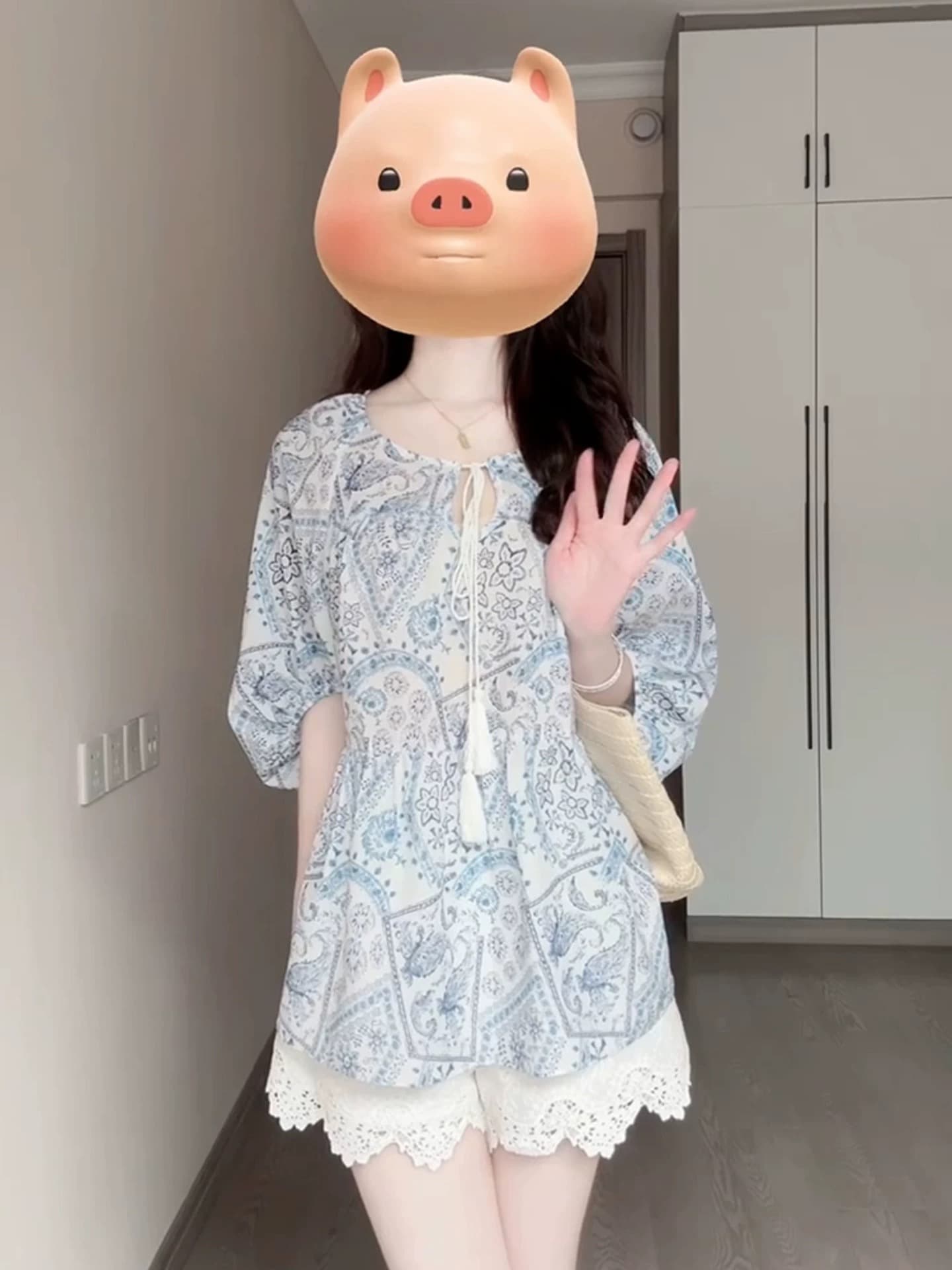 보헤미안 민족 스타일 파란색 프린트 셔츠 청소 한 부서 착용 잡아라. 의류 고유 한 슈퍼 잘 생긴 싱글 착용 작은 셔츠 이미지 2