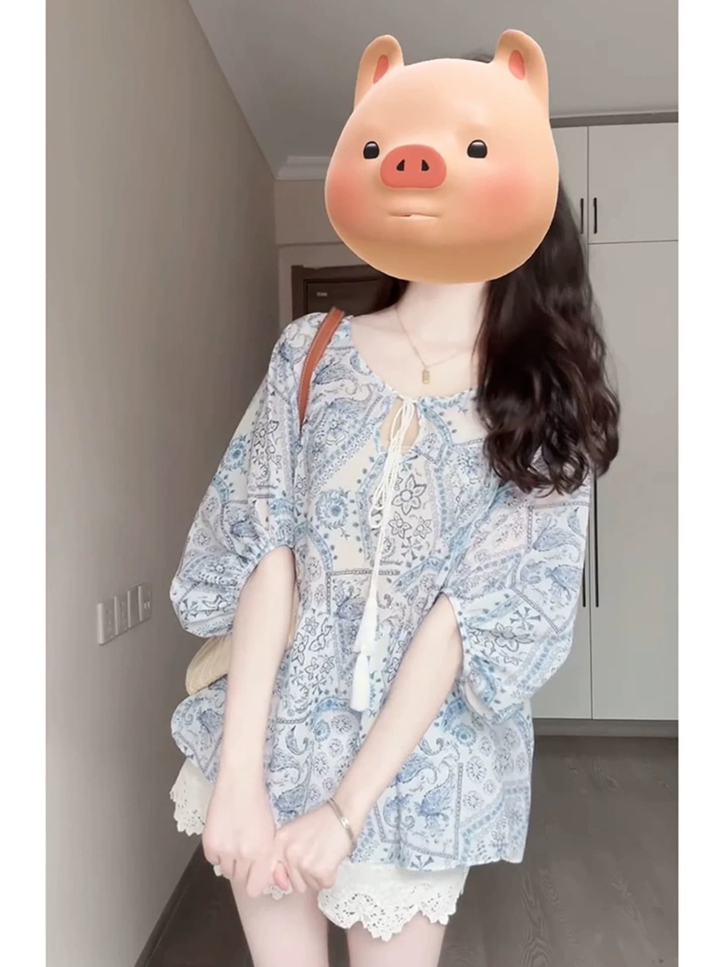보헤미안 민족 스타일 파란색 프린트 셔츠 청소 한 부서 착용 잡아라. 의류 고유 한 슈퍼 잘 생긴 싱글 착용 작은 셔츠 이미지 3