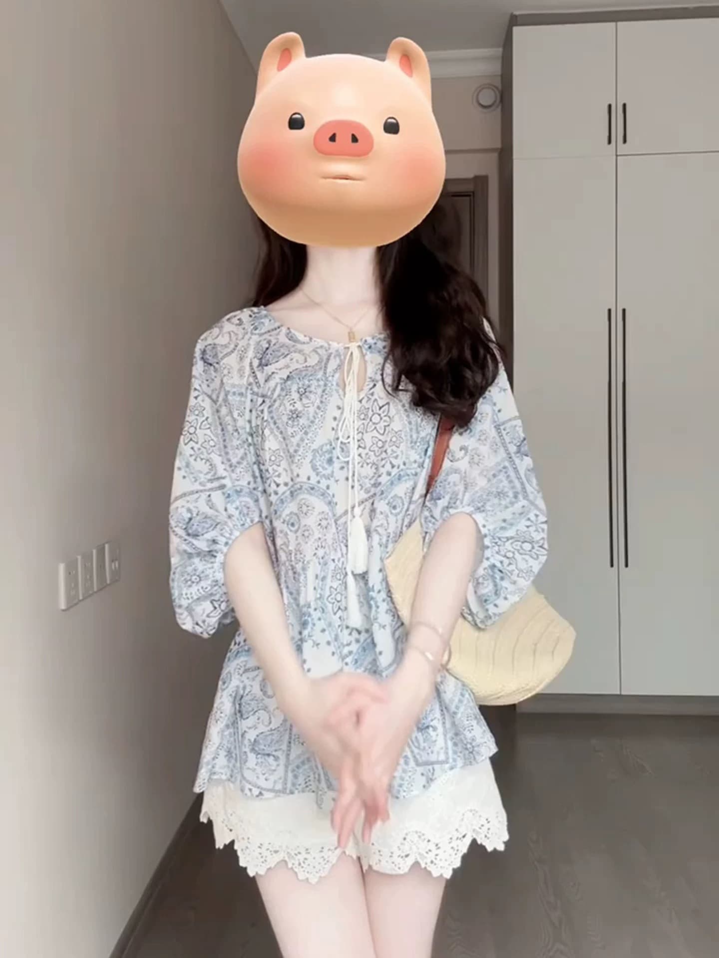 보헤미안 민족 스타일 파란색 프린트 셔츠 청소 한 부서 착용 잡아라. 의류 고유 한 슈퍼 잘 생긴 싱글 착용 작은 셔츠 상세 이미지 1