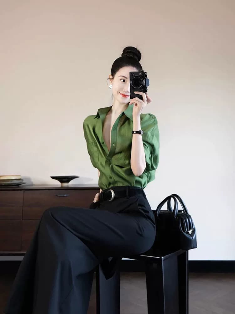 자이언트 잘 생긴 봄 드레스 품격 전체 집합 ootd 관대 한 점잖은 고급 센스 녹색 셔츠 반신 스커트 투피스 슈트 이미지 2