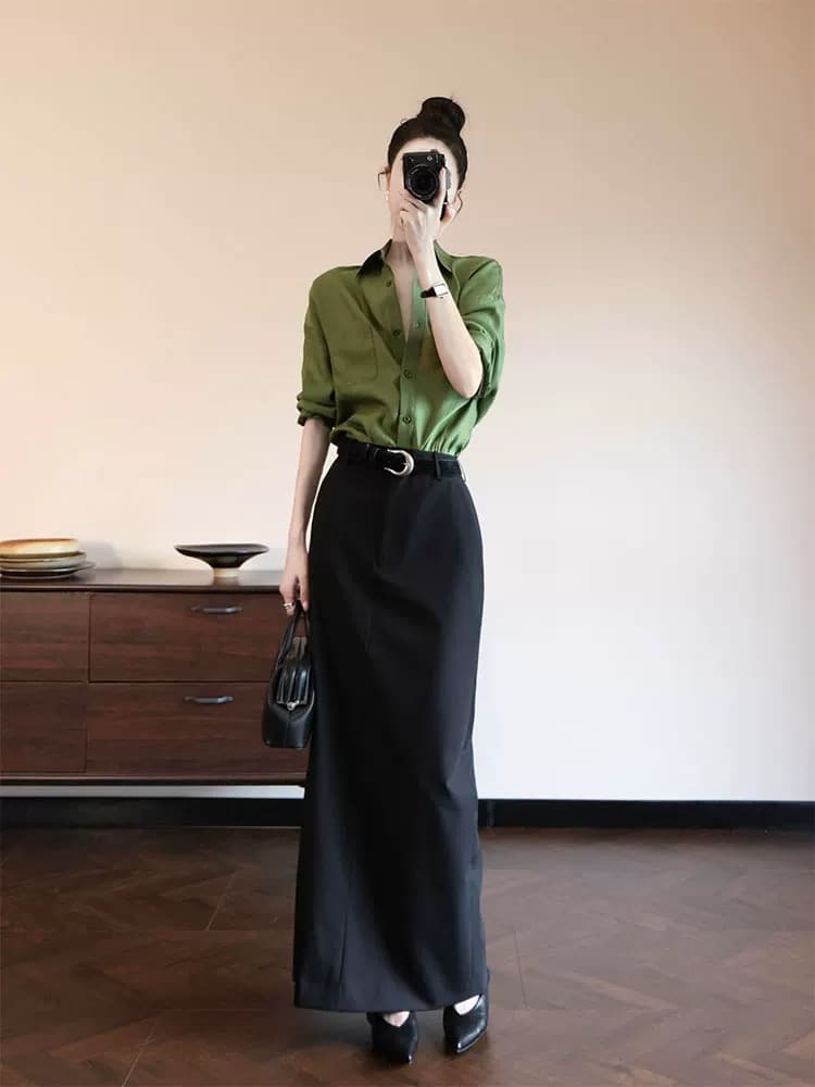 자이언트 잘 생긴 봄 드레스 품격 전체 집합 ootd 관대 한 점잖은 고급 센스 녹색 셔츠 반신 스커트 투피스 슈트 상세 이미지 1