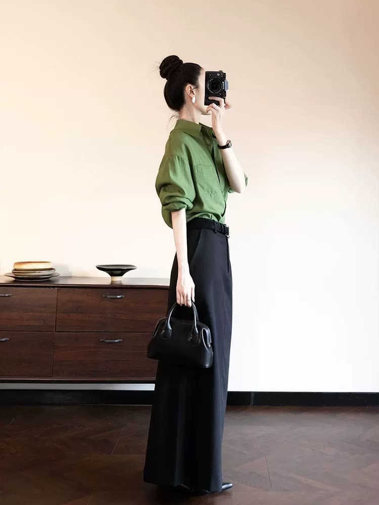 자이언트 잘 생긴 봄 드레스 품격 전체 집합 ootd 관대 한 점잖은 고급 센스 녹색 셔츠 반신 스커트 투피스 슈트 상세 이미지 2