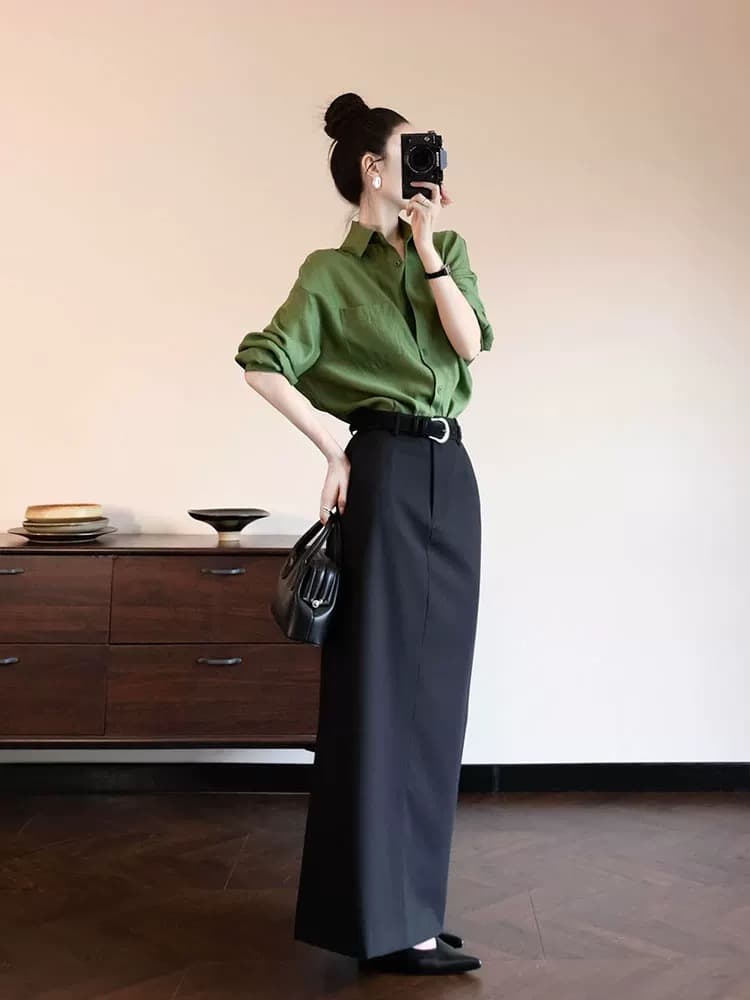 자이언트 잘 생긴 봄 드레스 품격 전체 집합 ootd 관대 한 점잖은 고급 센스 녹색 셔츠 반신 스커트 투피스 슈트 상세 이미지 4