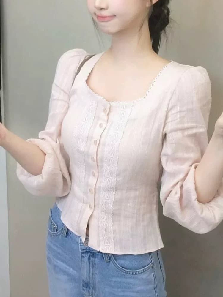 빛 사람들 한 부서 부드러운 바람 연령 감소 고유 한 아름다운 맨위 품격 고급 센스 핑크색 광장 칼라 여성 셔츠 조기 봄 이미지 3
