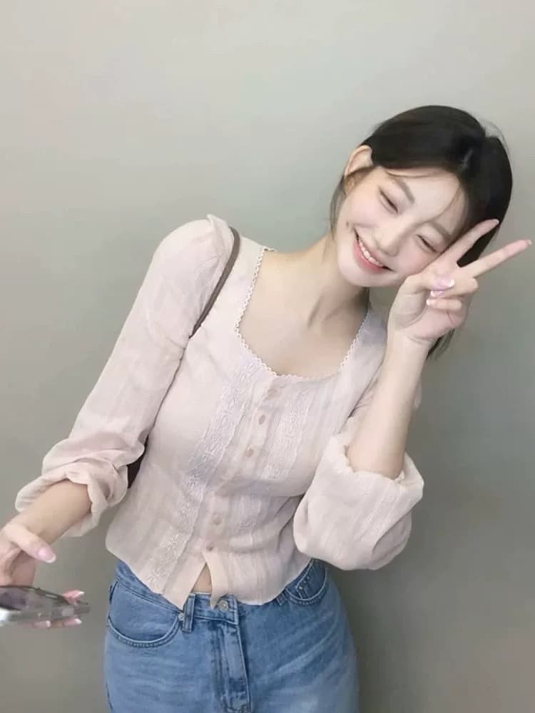 빛 사람들 한 부서 부드러운 바람 연령 감소 고유 한 아름다운 맨위 품격 고급 센스 핑크색 광장 칼라 여성 셔츠 조기 봄 상세 이미지 4