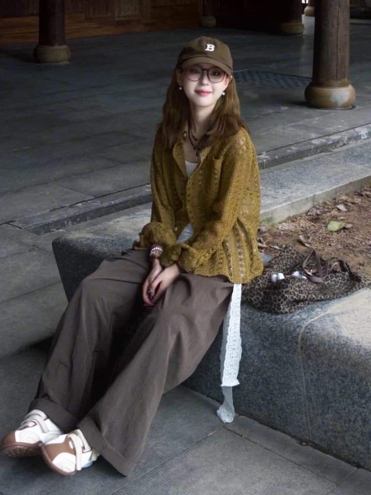 자이언트 잘 생긴 ~ 중 이른 봄 착용 가져 가라. 한 부서 분위기 센스 레트로 소금 부서 빛 요리 한 녹색 니트 오픈 가디건 와이드 레그 팬츠 세트 이미지 4