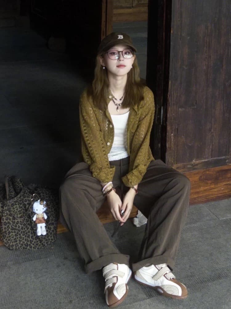 자이언트 잘 생긴 ~ 중 이른 봄 착용 가져 가라. 한 부서 분위기 센스 레트로 소금 부서 빛 요리 한 녹색 니트 오픈 가디건 와이드 레그 팬츠 세트 상세 이미지 2