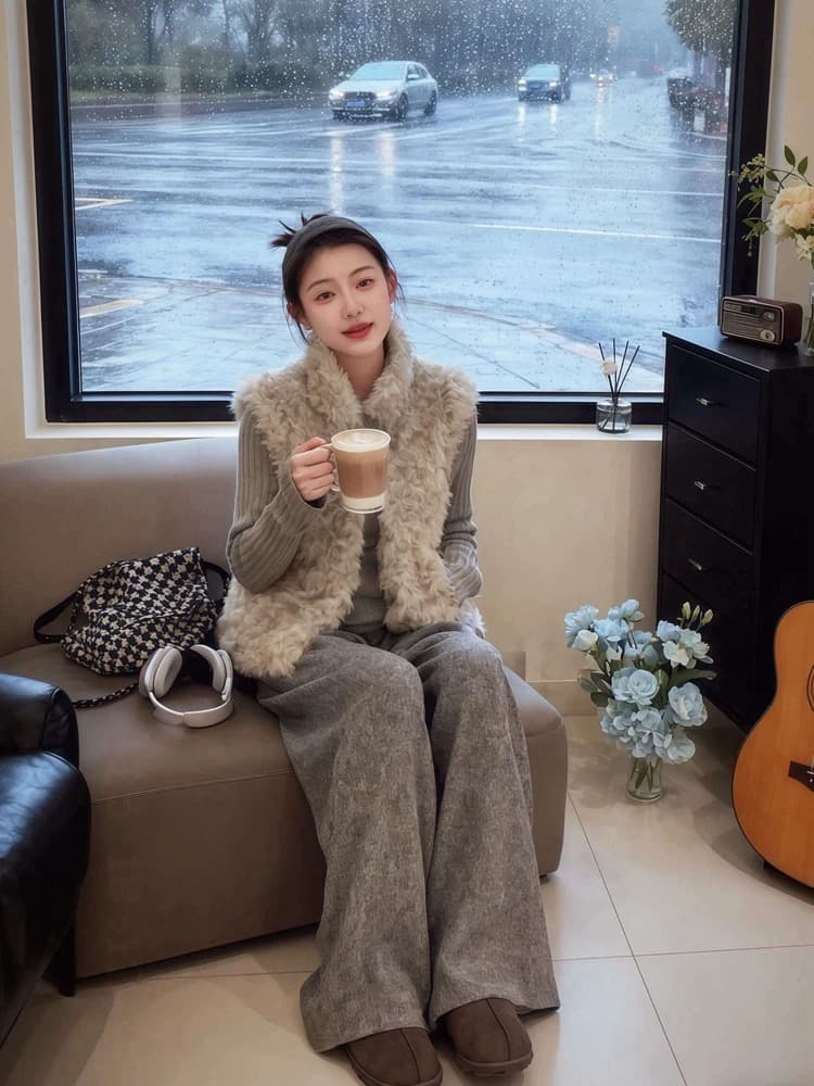 봄 드레스 전체 집합 센 부서 착용 가져 가라. 고급 센스 작은 샤넬 스타일 플리스 조끼 회색 와이드 레그 팬츠 세트 여성 이미지 4
