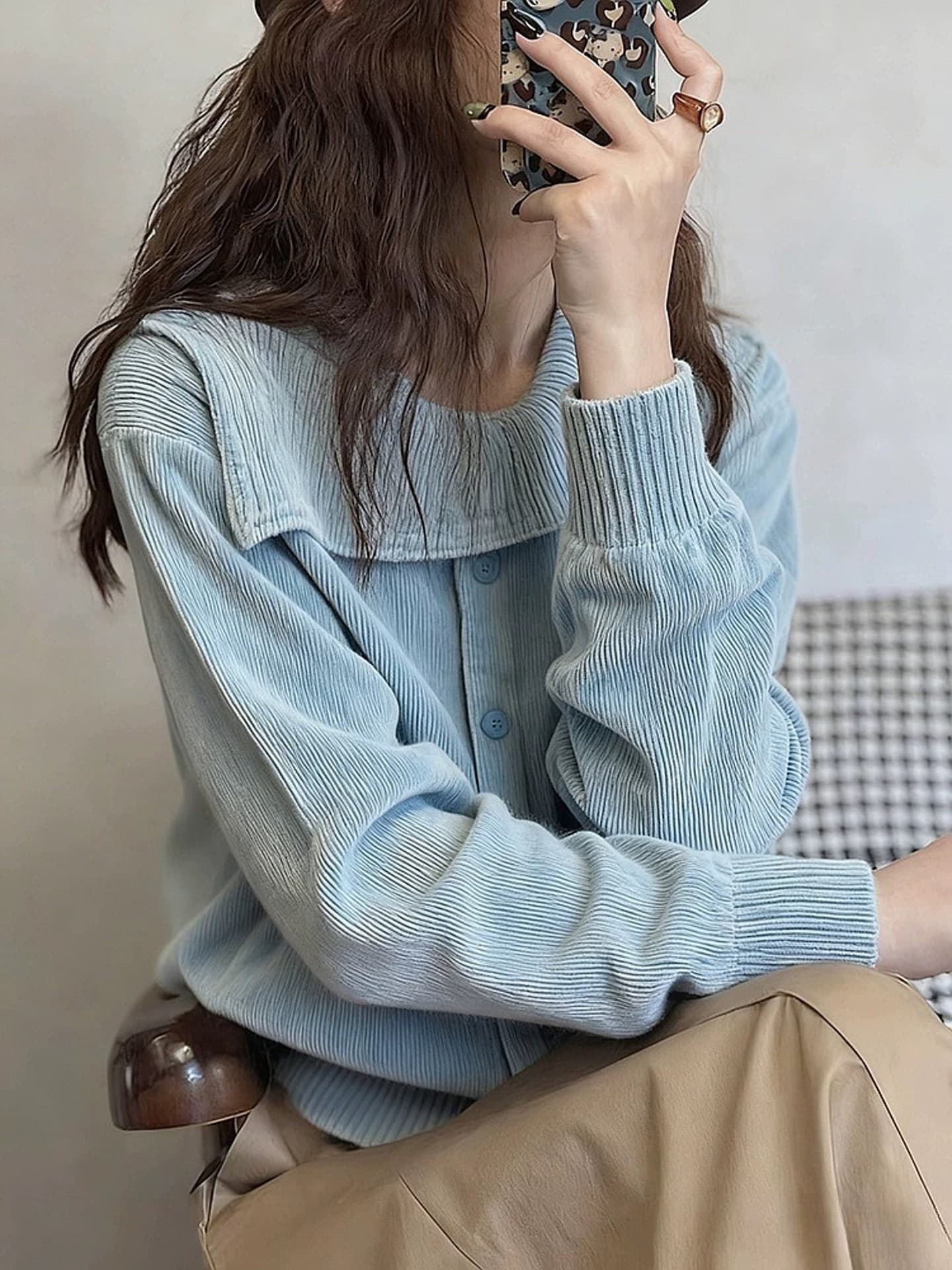 고유 한 슈퍼 잘 생긴 ~ 중 파란색 코듀로이 셔츠 맨위 여성 고급 센스 빛 럭셔리 연령 감소 외국 가스 2026 새로운 상세 이미지 1
