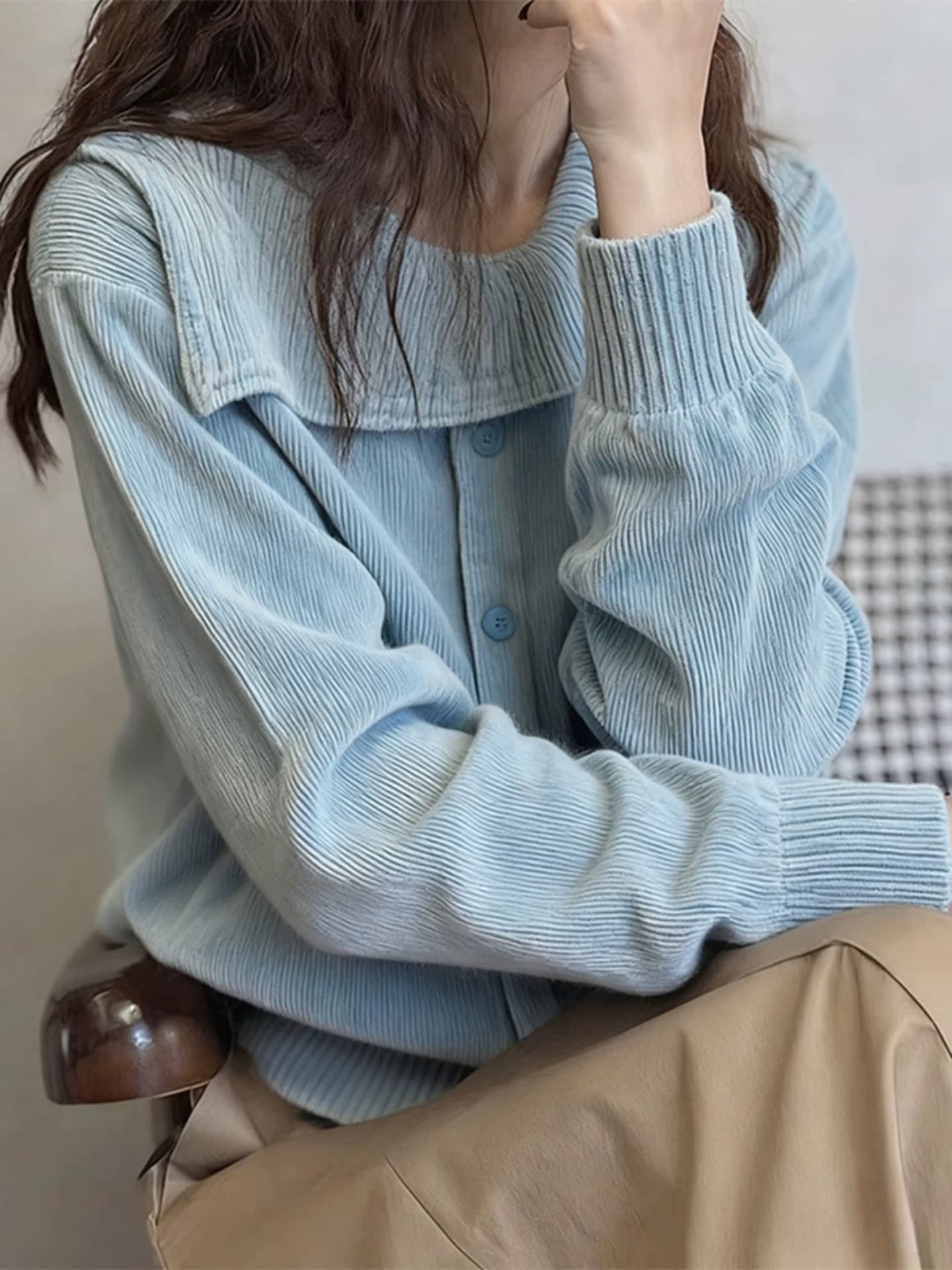 고유 한 슈퍼 잘 생긴 ~ 중 파란색 코듀로이 셔츠 맨위 여성 고급 센스 빛 럭셔리 연령 감소 외국 가스 2026 새로운 상세 이미지 3