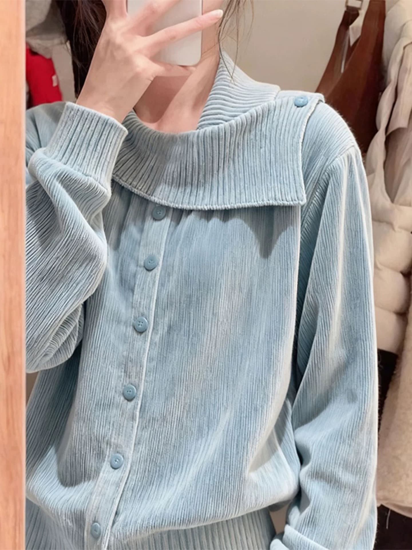 고유 한 슈퍼 잘 생긴 ~ 중 파란색 코듀로이 셔츠 맨위 여성 고급 센스 빛 럭셔리 연령 감소 외국 가스 2026 새로운 상세 이미지 4