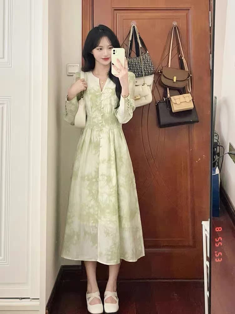 프랑스식 녹색 거품 소매 긴팔 여성 드레스 봄 가을 가을 궁정 바람 도루 가을 센스 품격 허리 수축 길다 치마 이미지 2
