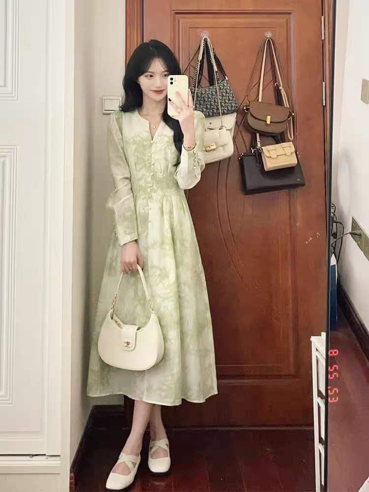 프랑스식 녹색 거품 소매 긴팔 여성 드레스 봄 가을 가을 궁정 바람 도루 가을 센스 품격 허리 수축 길다 치마 상세 이미지 3
