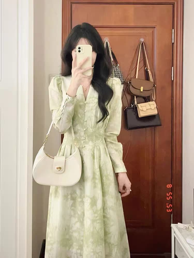 프랑스식 녹색 거품 소매 긴팔 여성 드레스 봄 가을 가을 궁정 바람 도루 가을 센스 품격 허리 수축 길다 치마 상세 이미지 5