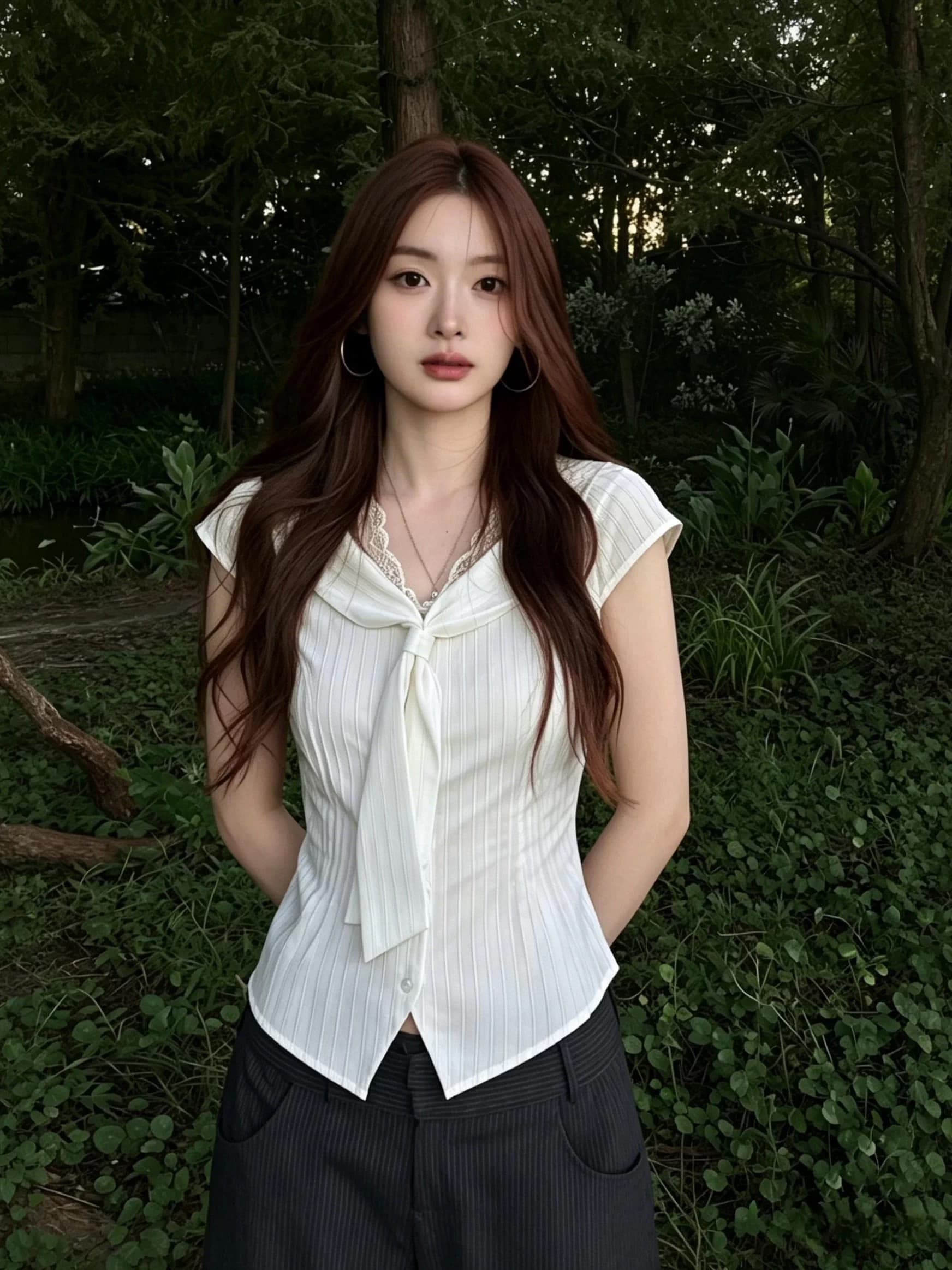 한 부서 V넥 반팔 여성 셔츠 여름 착용 가져 가라. 레이스 레이스 스트라이프 셔츠 작은 셔츠 슬림해 보이는 고급 센스 맨위 이미지 2