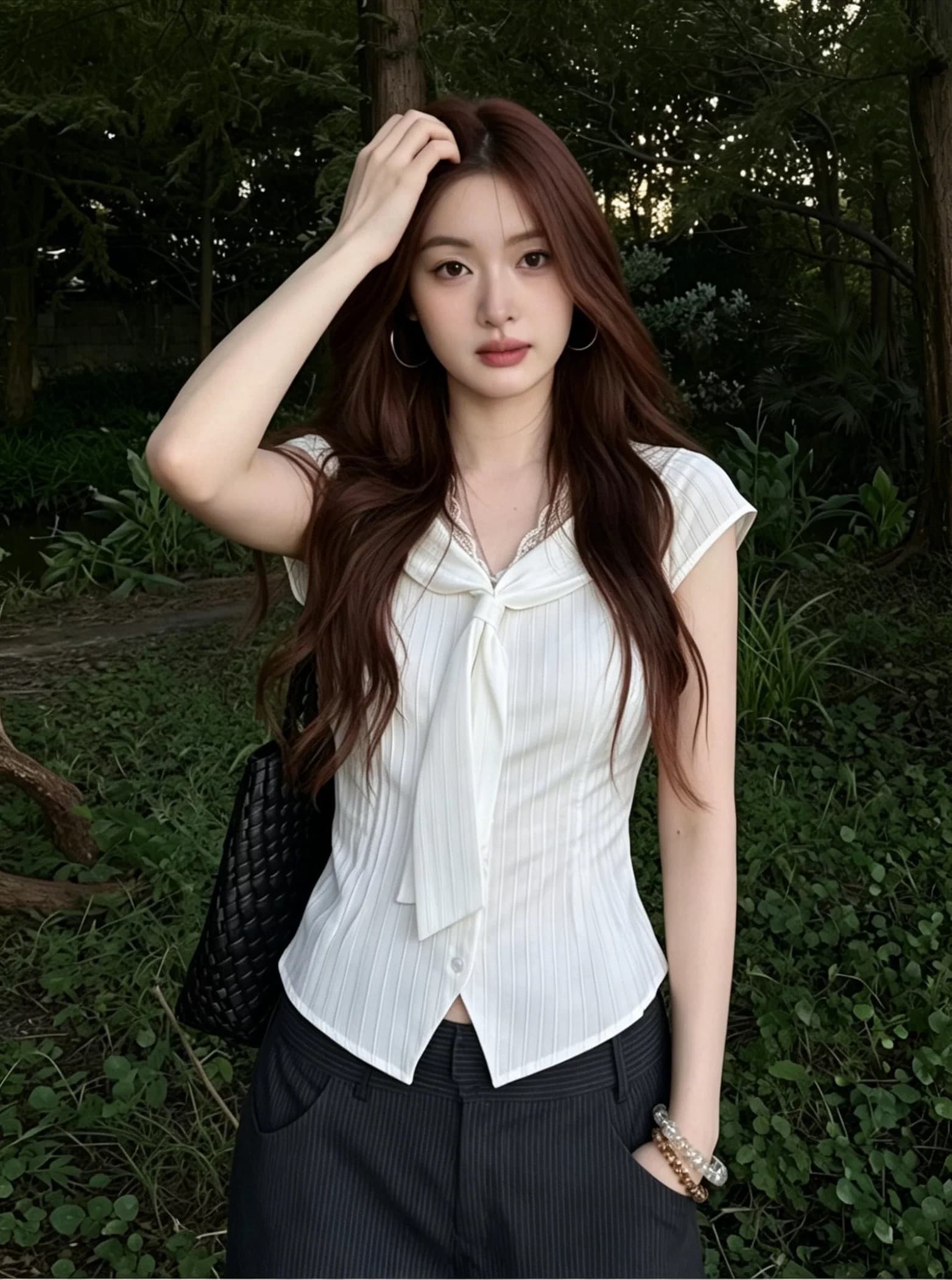 한 부서 V넥 반팔 여성 셔츠 여름 착용 가져 가라. 레이스 레이스 스트라이프 셔츠 작은 셔츠 슬림해 보이는 고급 센스 맨위 상세 이미지 1