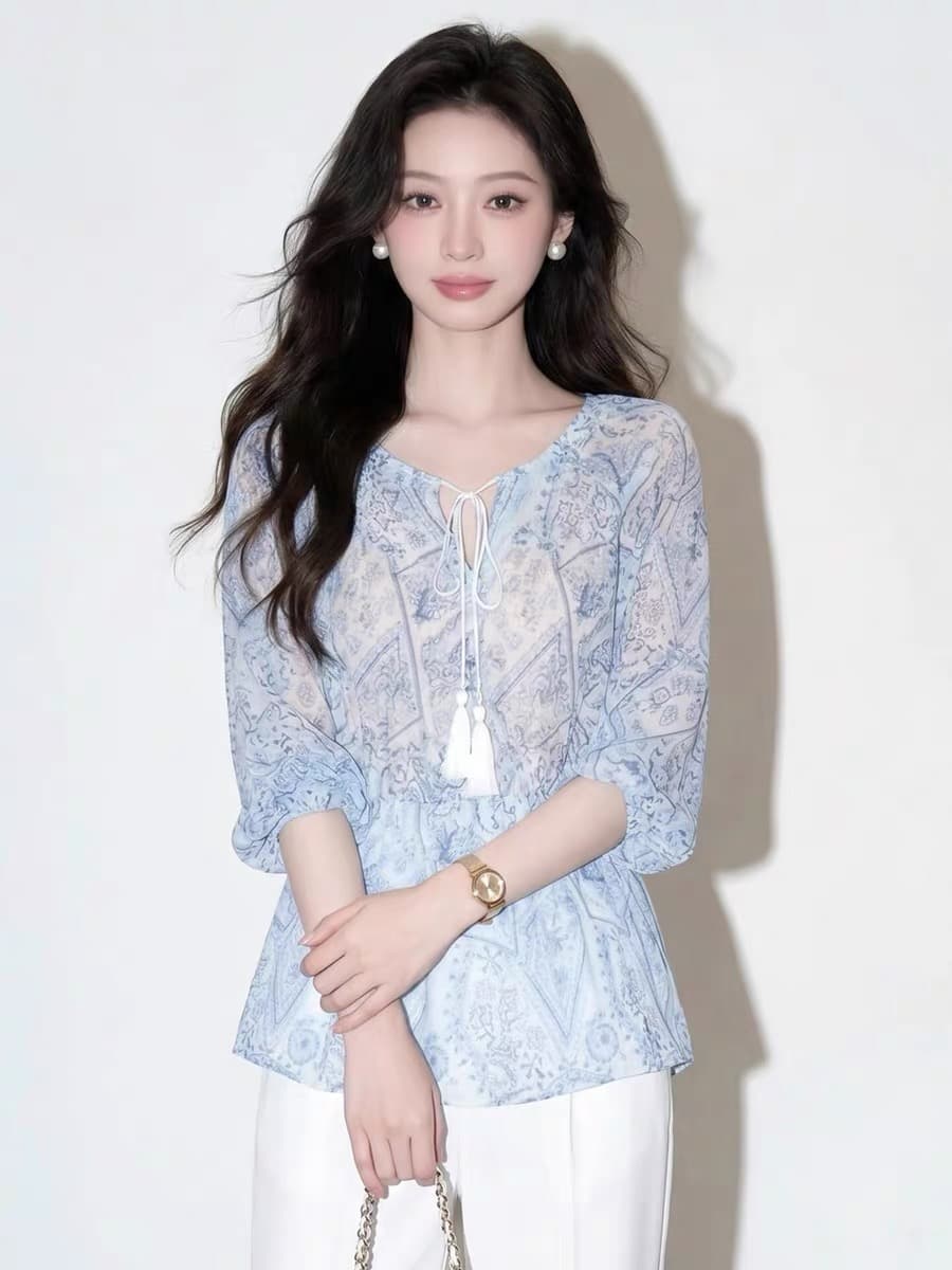 프랑스식 고급 센스 Chic 민족 프린트 레이스업 쉬폰 여성 셔츠 여름 자외선 차단 루즈핏 연령 감소 품격 맨위 상세 이미지 2