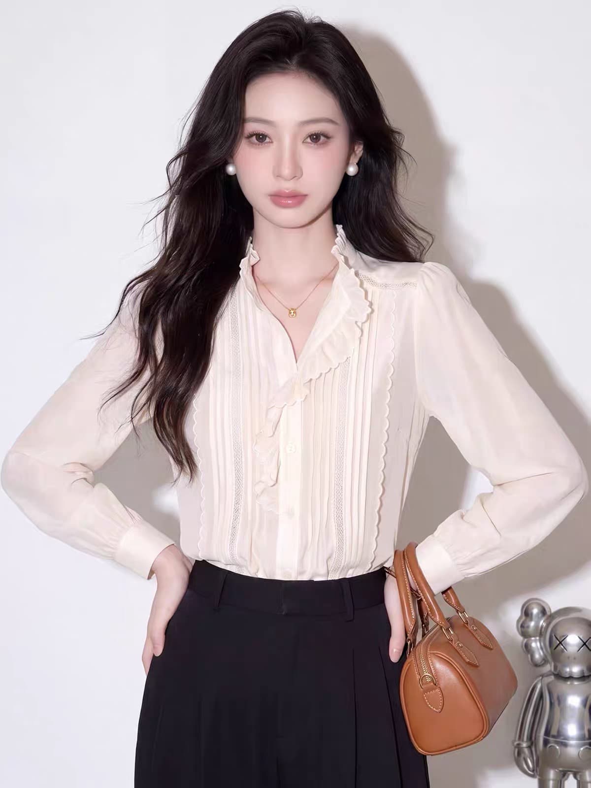 프랑스식 품격 프릴 나팔 소매 여성 셔츠 가을 새로운 고급 센스 루즈핏 다용도 출퇴근 스택 착용 맨위 상세 이미지 3