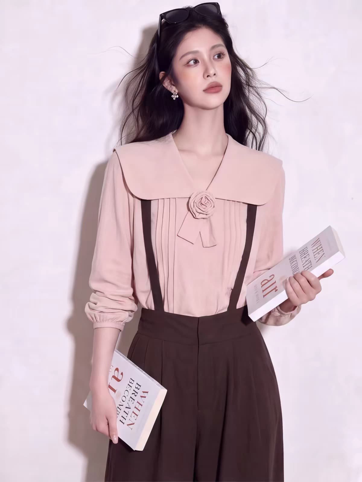한 부서 부드러운 핑크색 빅 칼라 여성 셔츠 가을 3 차원 장미 주름 디자인 센스 달콤함 긴팔 맨위