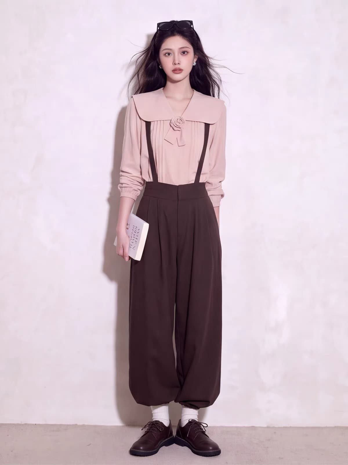 한 부서 부드러운 핑크색 빅 칼라 여성 셔츠 가을 3 차원 장미 주름 디자인 센스 달콤함 긴팔 맨위 이미지 3
