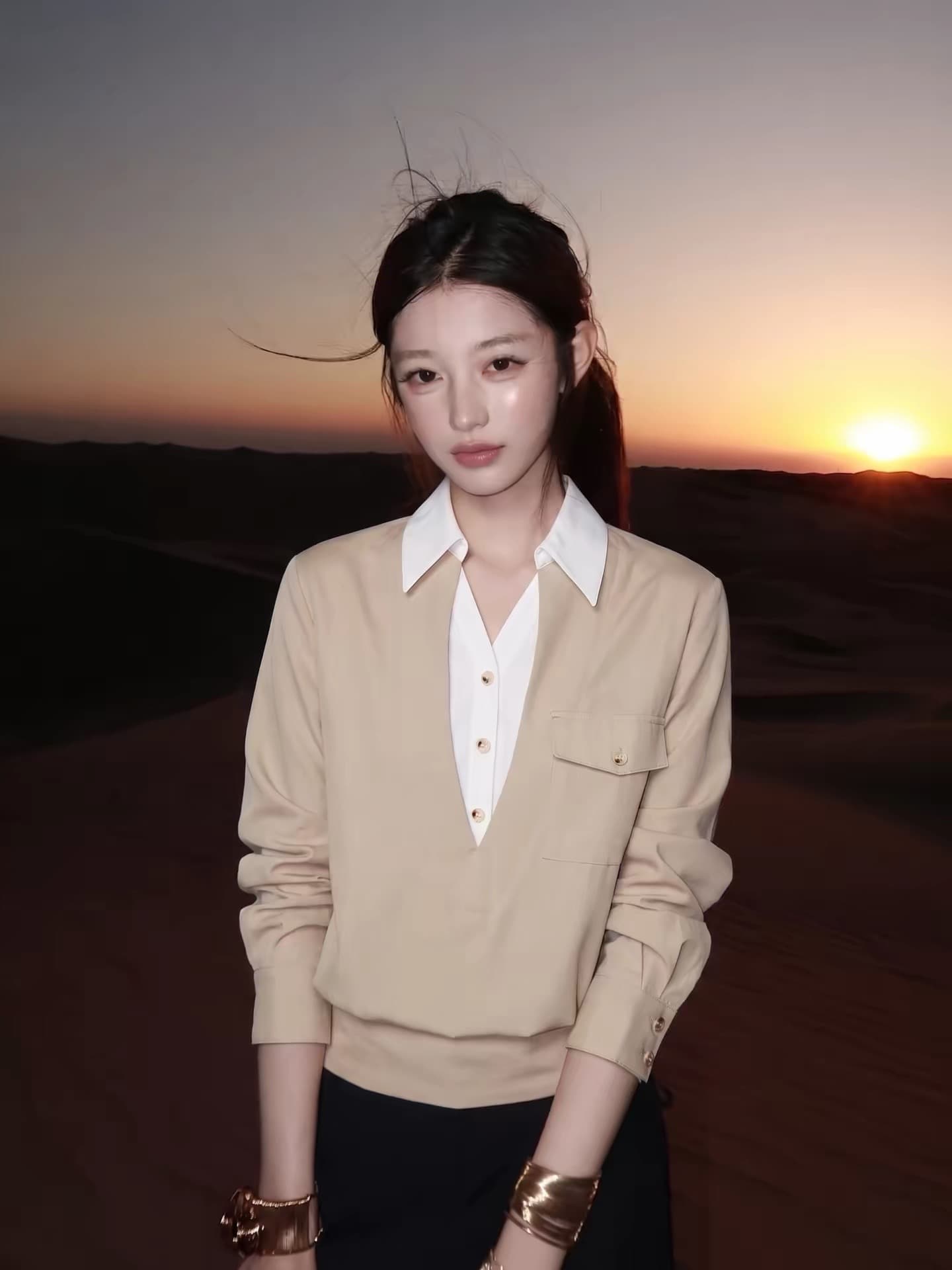 살구 색상 V넥 패치워크 페이크 레이어드 맨위 허리 수축 슬림해 보이는 동점 벨트 주머니 디자인 센스 루즈핏 긴팔 작은 셔츠 여성 이미지 4