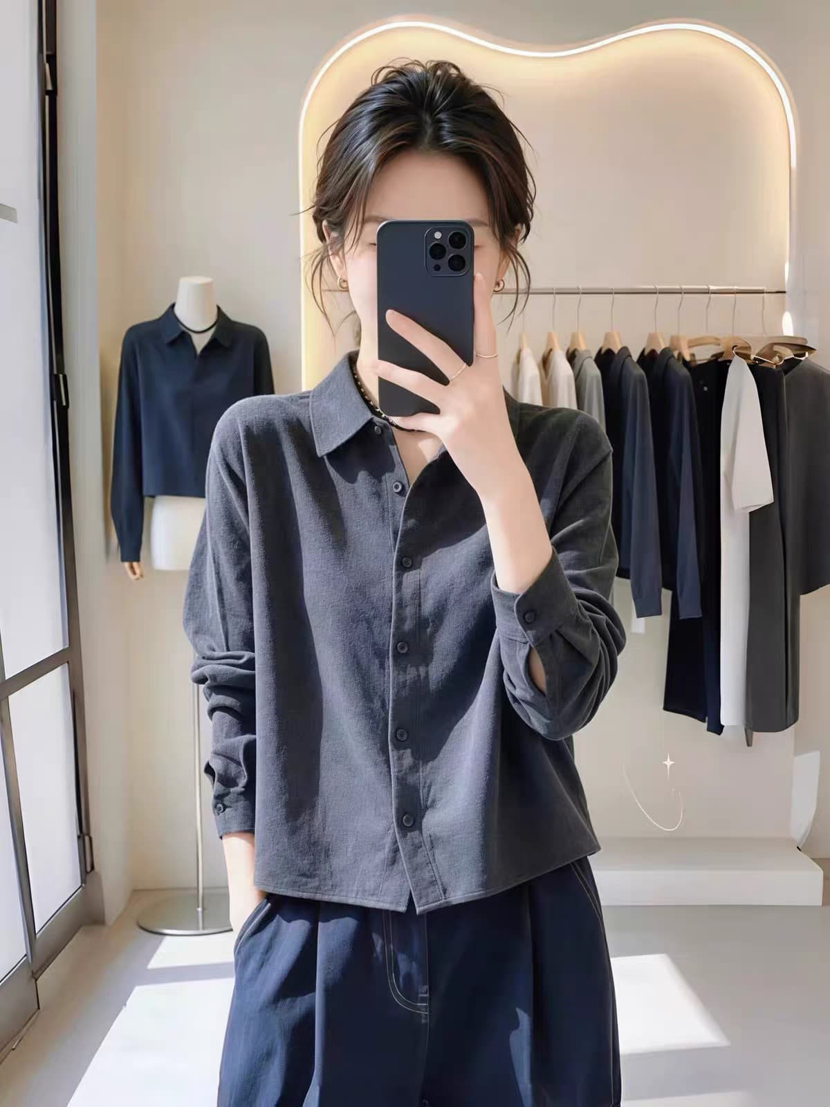 어두운 회색 폴로 칼라 단추 셔츠 셔츠 조기 가을 의상 여자 2026 새로운 디자인 센스 고급 센스 빛 럭셔리 맨위 상세 이미지 1