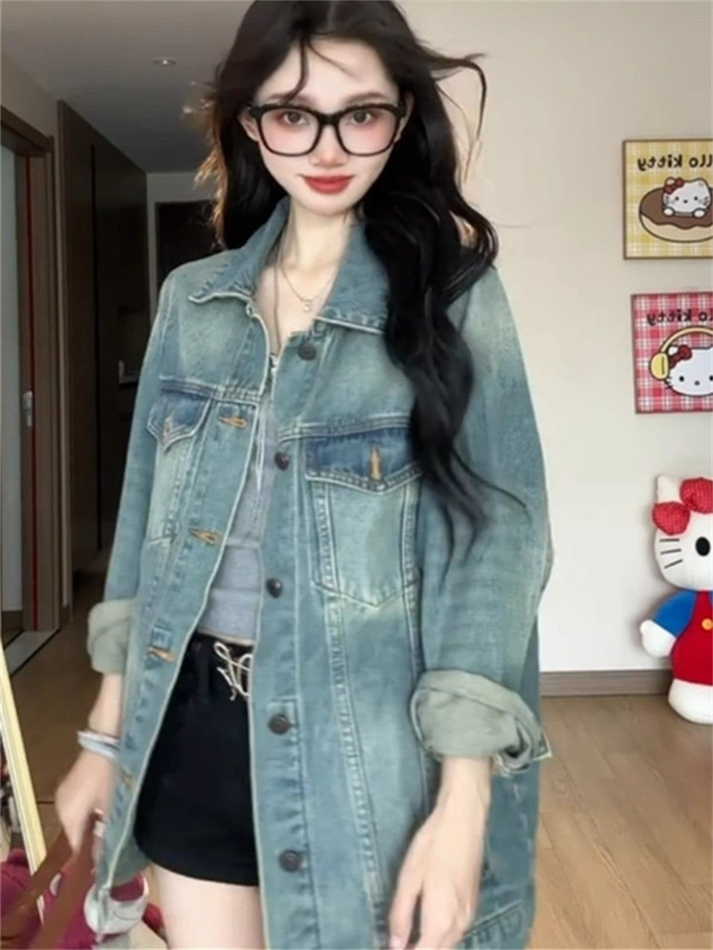 새로운 디자인 센스 루즈핏 느긋한 바람 다용도 맨위 트렌디 아메리칸 레트로 마 오래된 워싱 데님 여성 코트 봄 가을