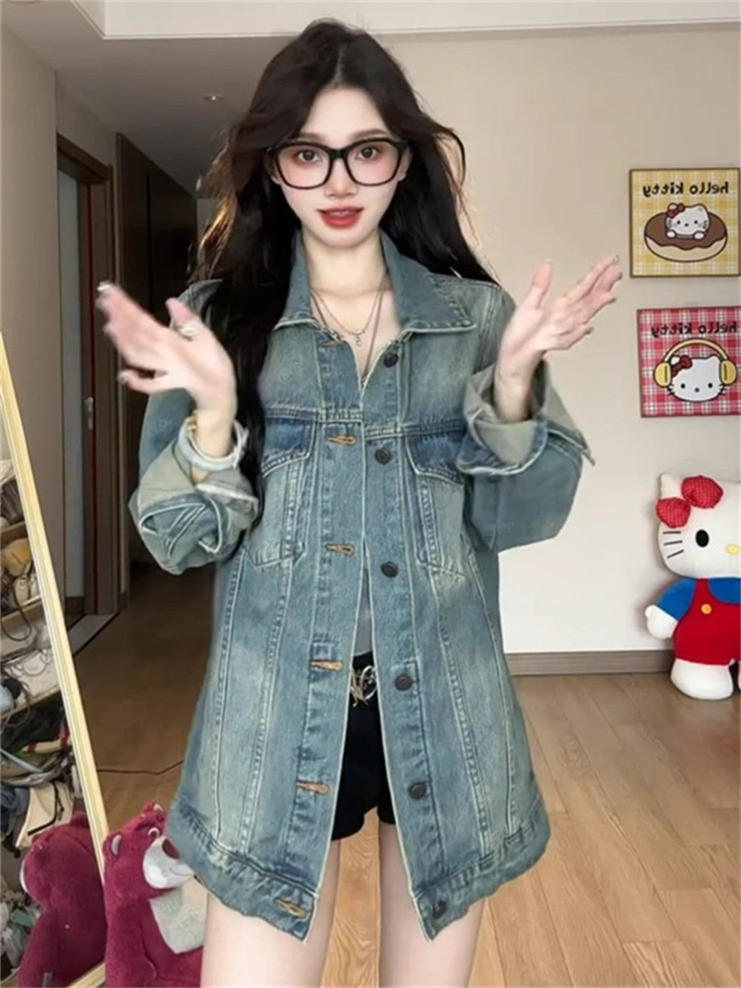 새로운 디자인 센스 루즈핏 느긋한 바람 다용도 맨위 트렌디 아메리칸 레트로 마 오래된 워싱 데님 여성 코트 봄 가을 이미지 4