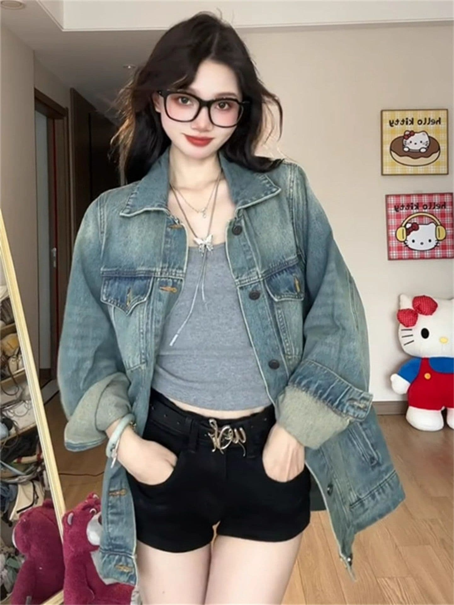 새로운 디자인 센스 루즈핏 느긋한 바람 다용도 맨위 트렌디 아메리칸 레트로 마 오래된 워싱 데님 여성 코트 봄 가을 이미지 2