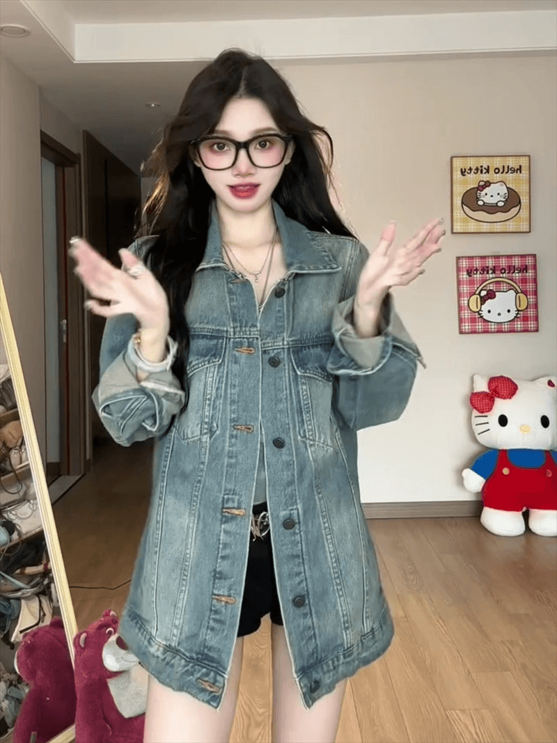 새로운 디자인 센스 루즈핏 느긋한 바람 다용도 맨위 트렌디 아메리칸 레트로 마 오래된 워싱 데님 여성 코트 봄 가을 상세 이미지 4
