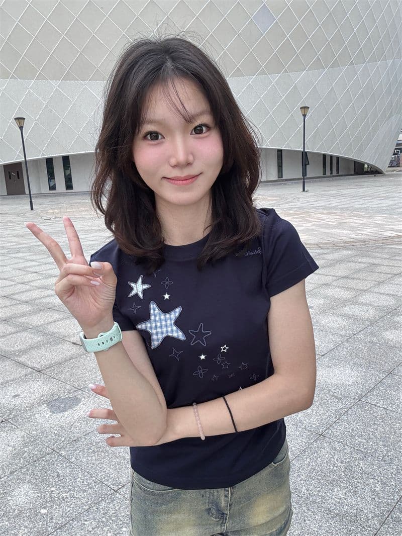 새로운 자수 네리 가게 천 몸매 가꾸기 반팔 티셔츠 이미지 2