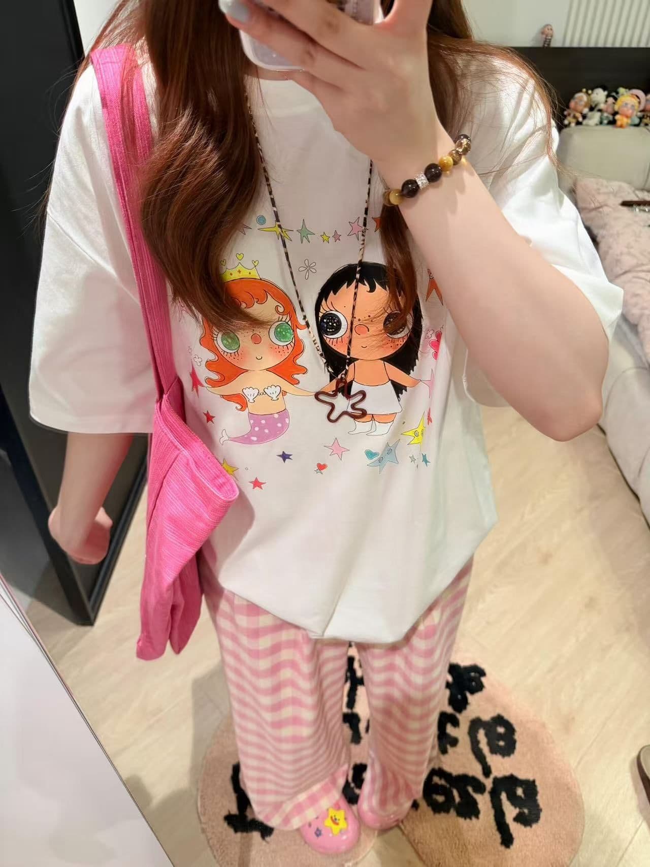 새로운 생방송 품질 이후 패키지 칼라 반팔 티셔츠 만화 소녀 프린트 이미지 2