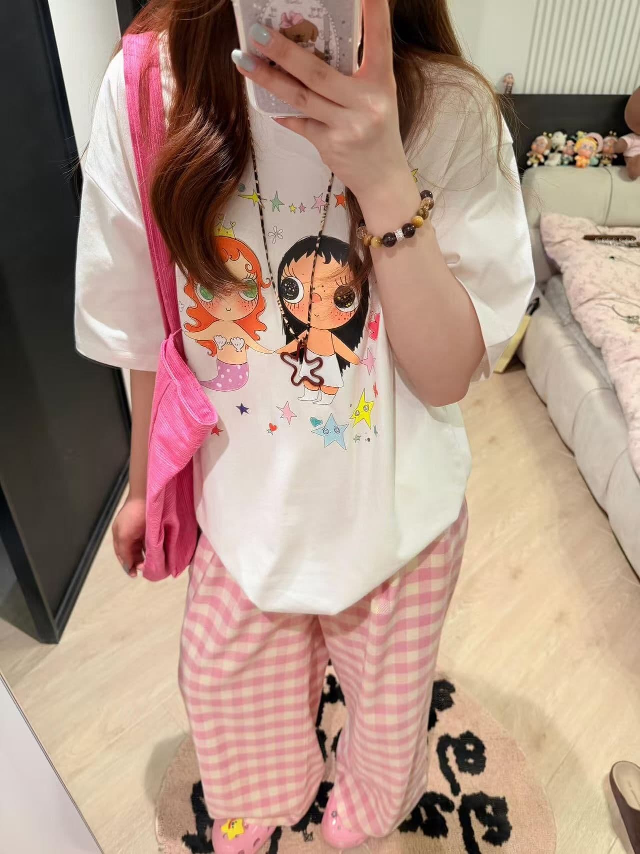 새로운 생방송 품질 이후 패키지 칼라 반팔 티셔츠 만화 소녀 프린트 상세 이미지 3