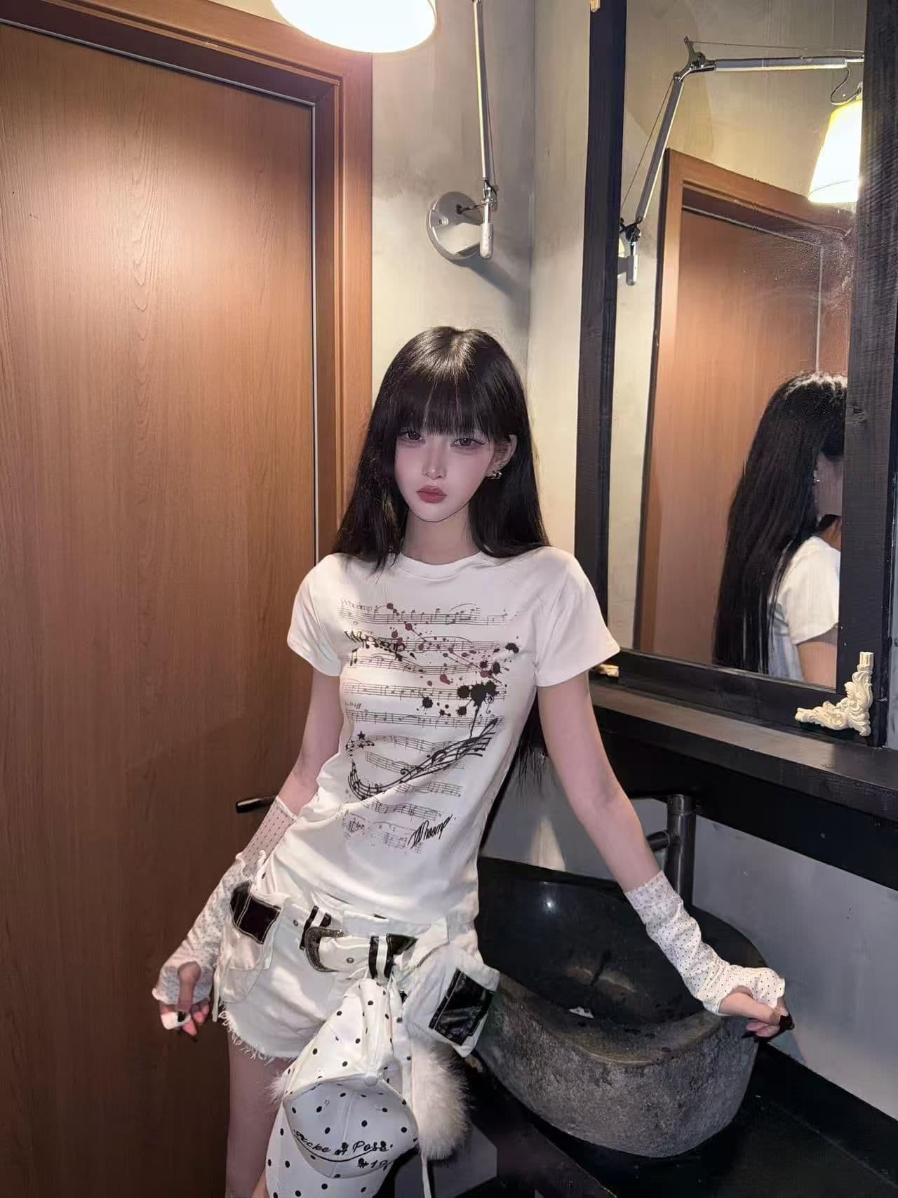 새로운 출처 생방송 품질 신축성 몸매 가꾸기 티셔츠 망할 음악 프린트 상세 이미지 6