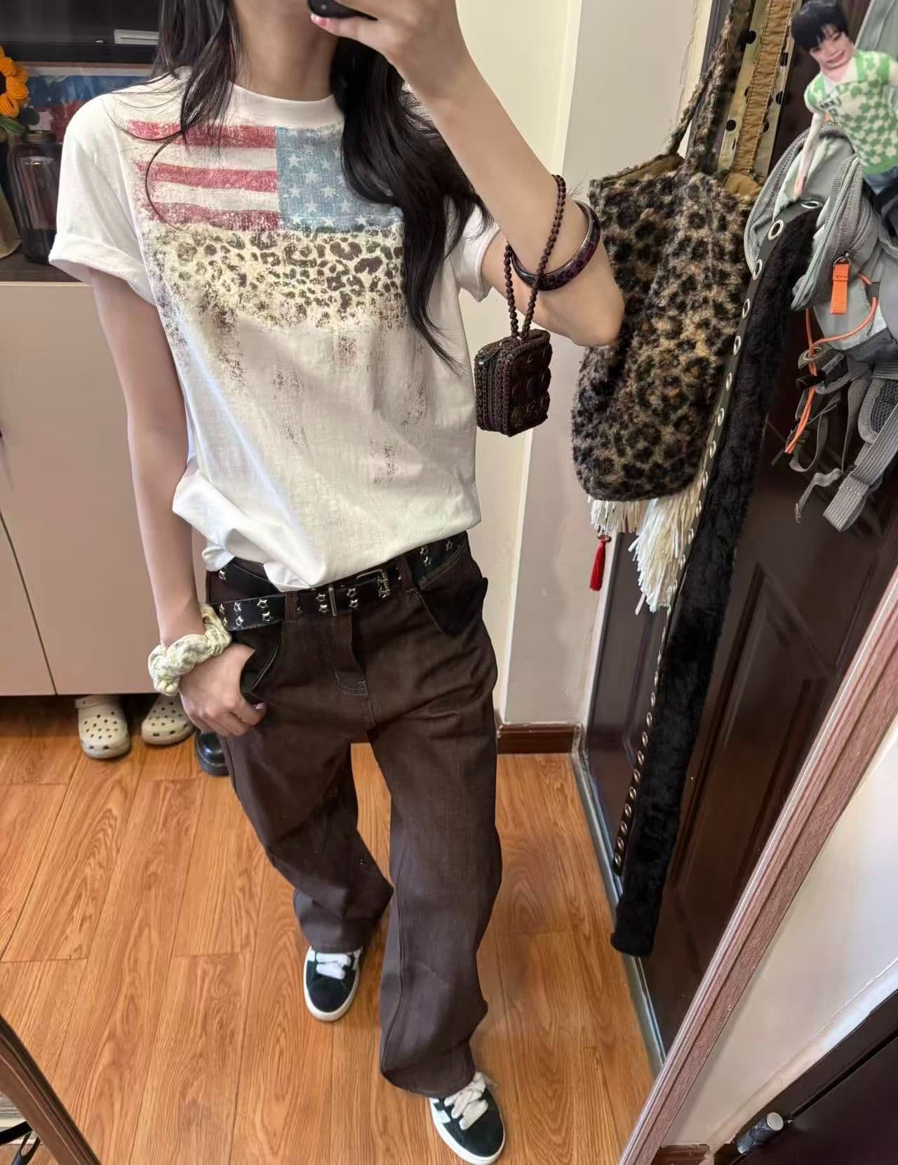 새로운 출처 생방송 품질 반팔 긍정적 인 어깨 티셔츠 레오파드 무늬 배너 상세 이미지 5