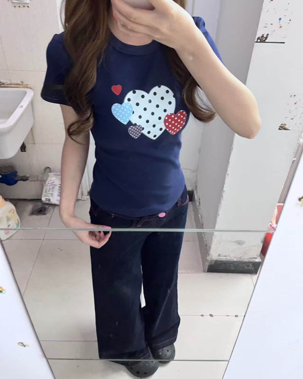 새로운 생방송 품질 높은 탄력성 몸매 가꾸기 티셔츠 하트 프린트 상세 이미지 2
