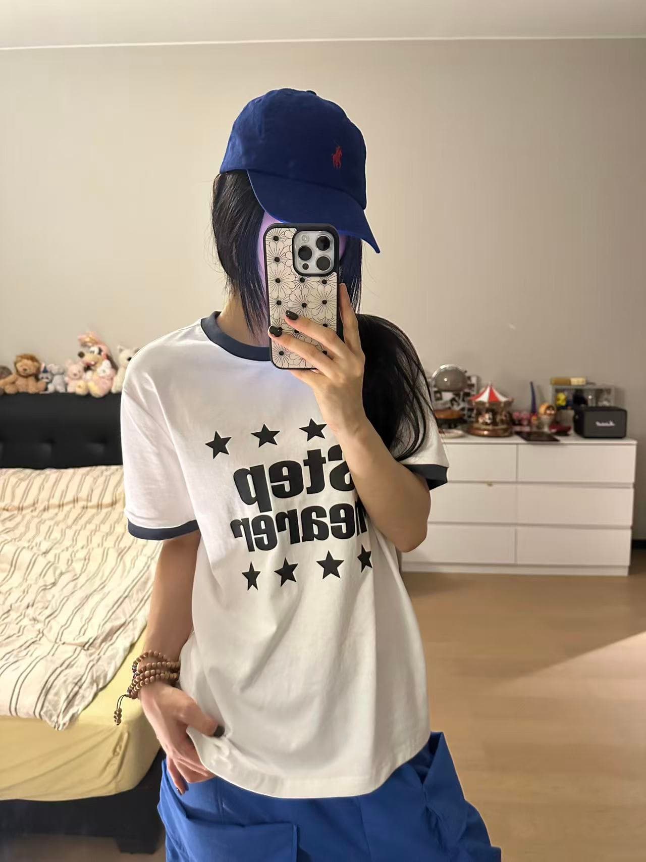 새로운 출처 생방송 품질 반팔 티셔츠 패치워크 배색 별 단어