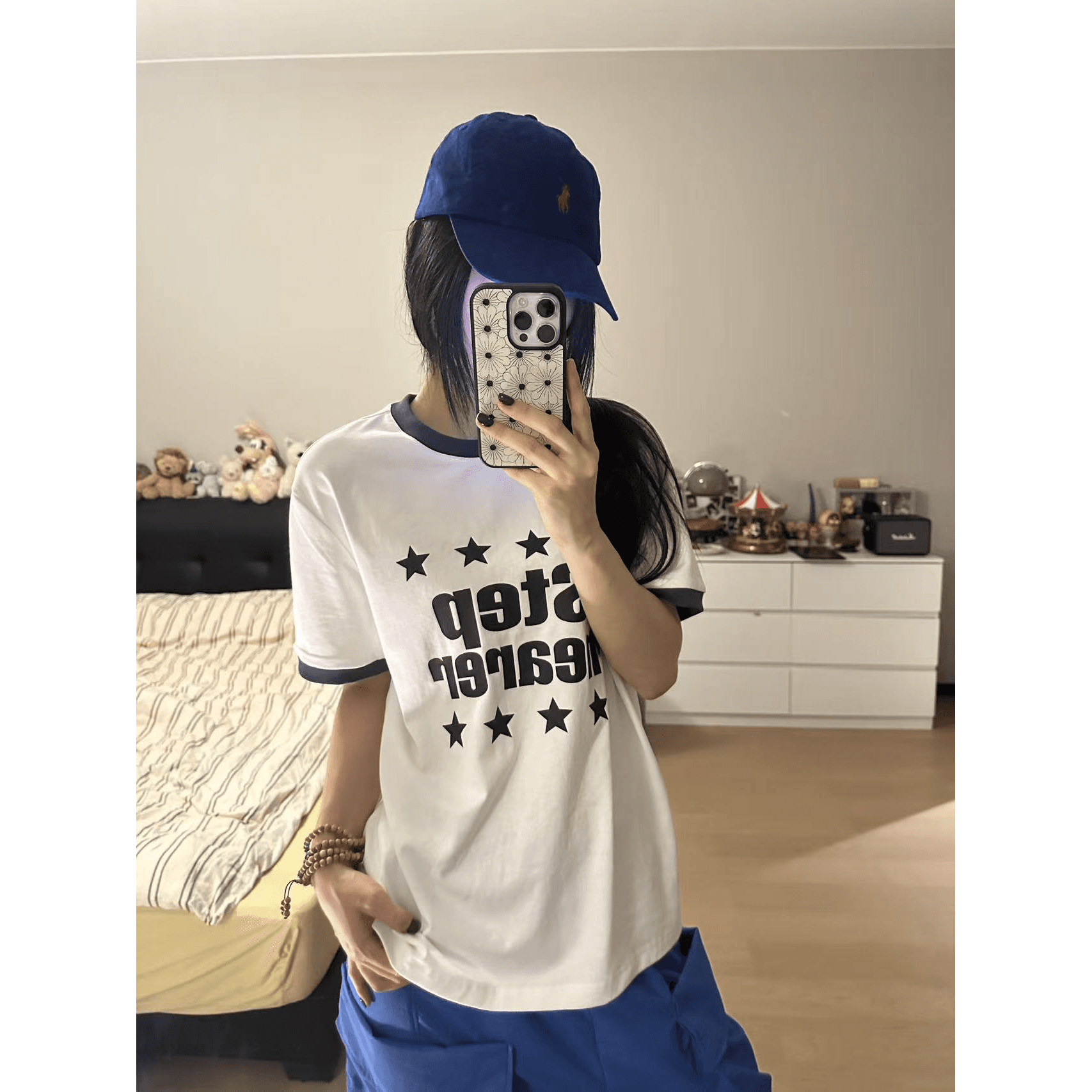 새로운 출처 생방송 품질 반팔 티셔츠 패치워크 배색 별 단어 이미지 5