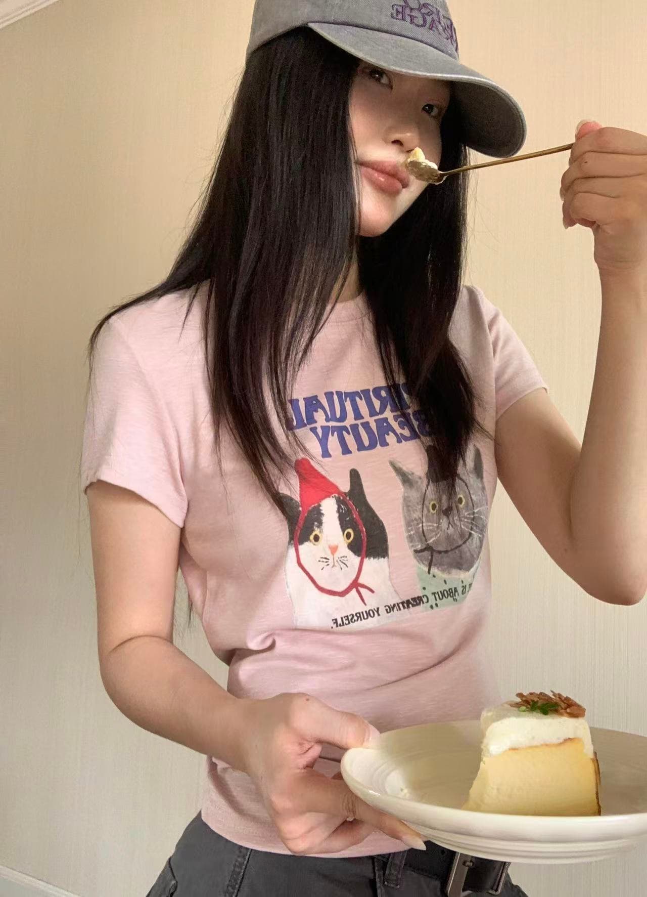 새로운 출처 생방송 품질 고양이 프린트 이후 패키지 칼라 신축성 몸매 가꾸기 t 상세 이미지 6