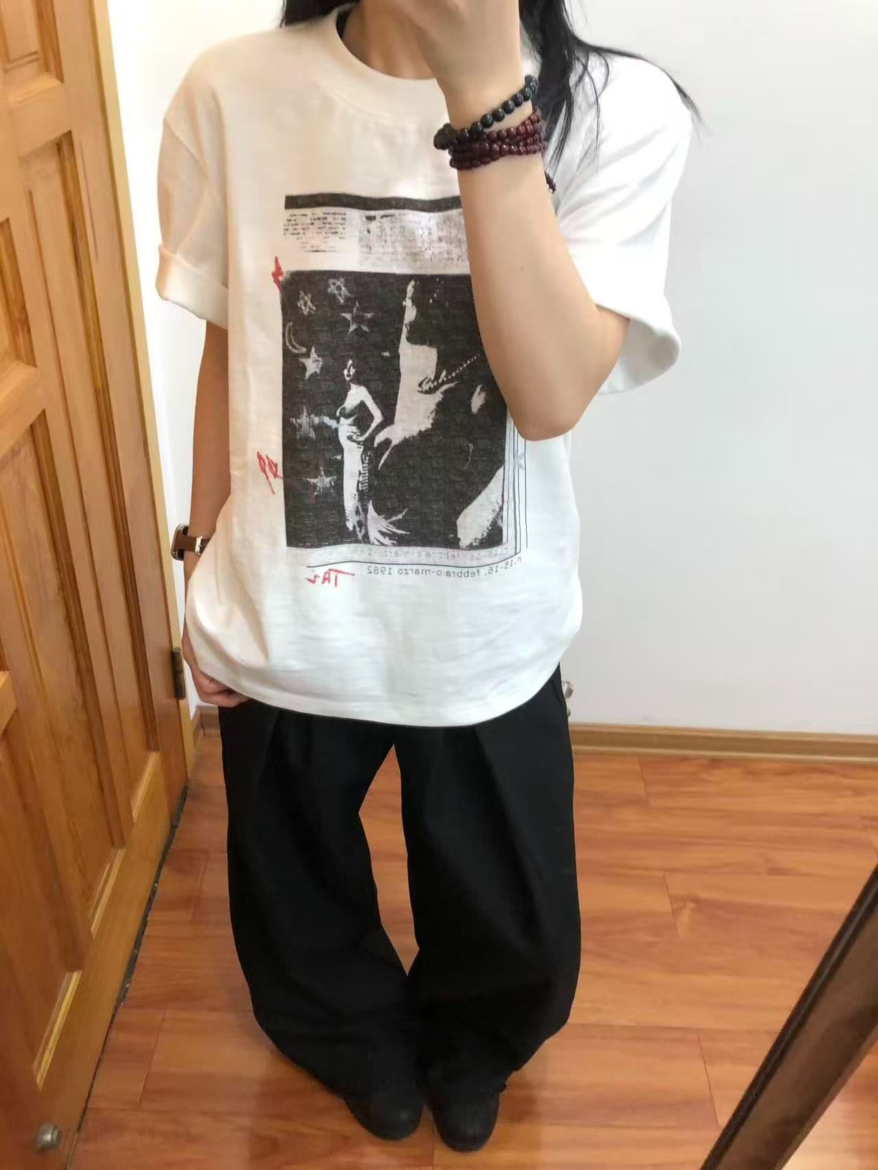새로운 생방송 품질 루즈핏 통기성 이후 패키지 칼라 라운드 넥 반팔 티셔츠 초상화 프린트