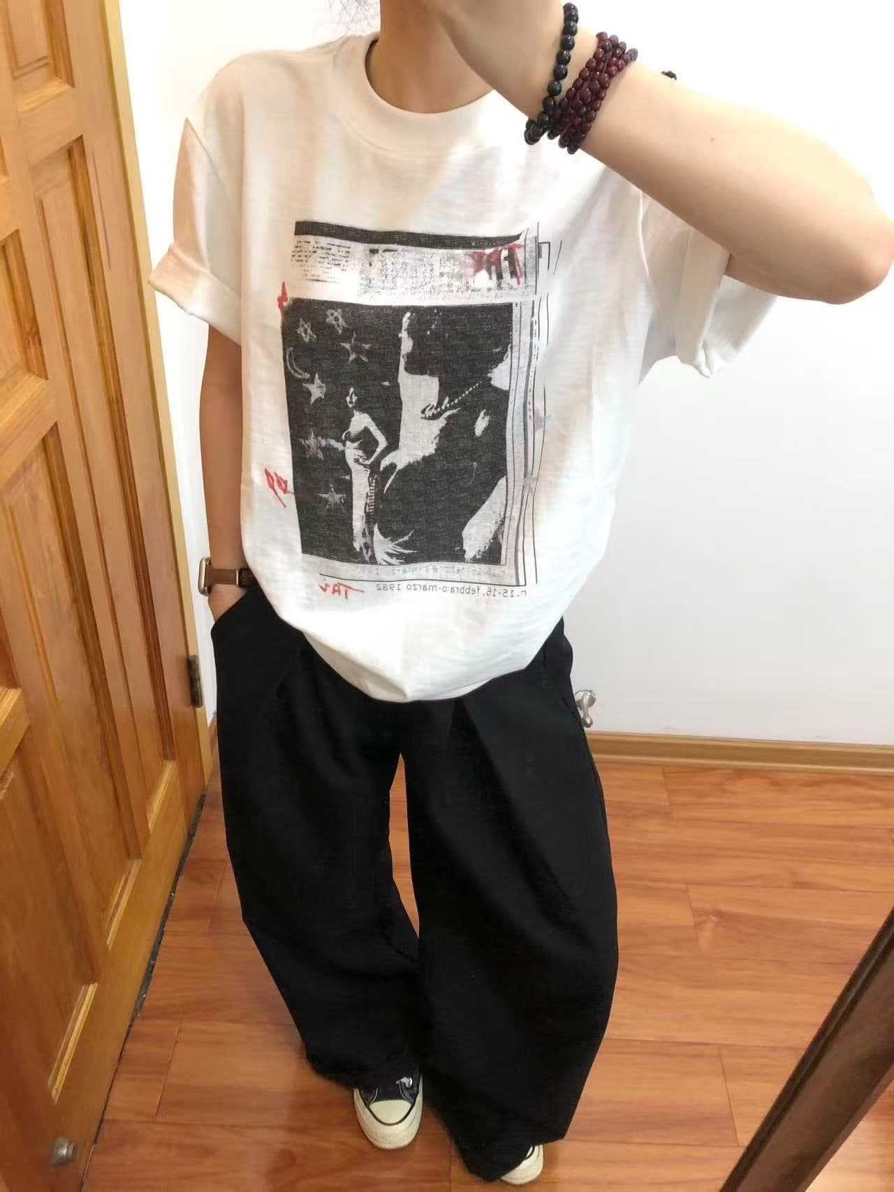 새로운 생방송 품질 루즈핏 통기성 이후 패키지 칼라 라운드 넥 반팔 티셔츠 초상화 프린트 상세 이미지 6