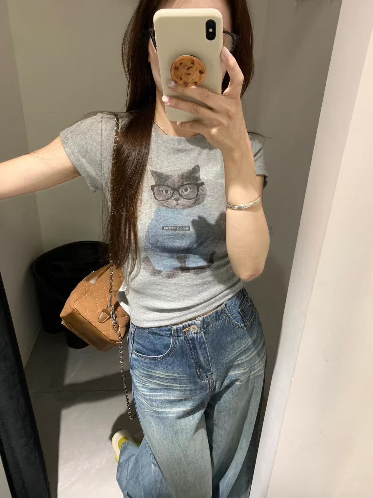 새로운 출처 생방송 품질 이후 패키지 칼라 높은 탄력성 몸매 가꾸기 고양이 프린트 이미지 4