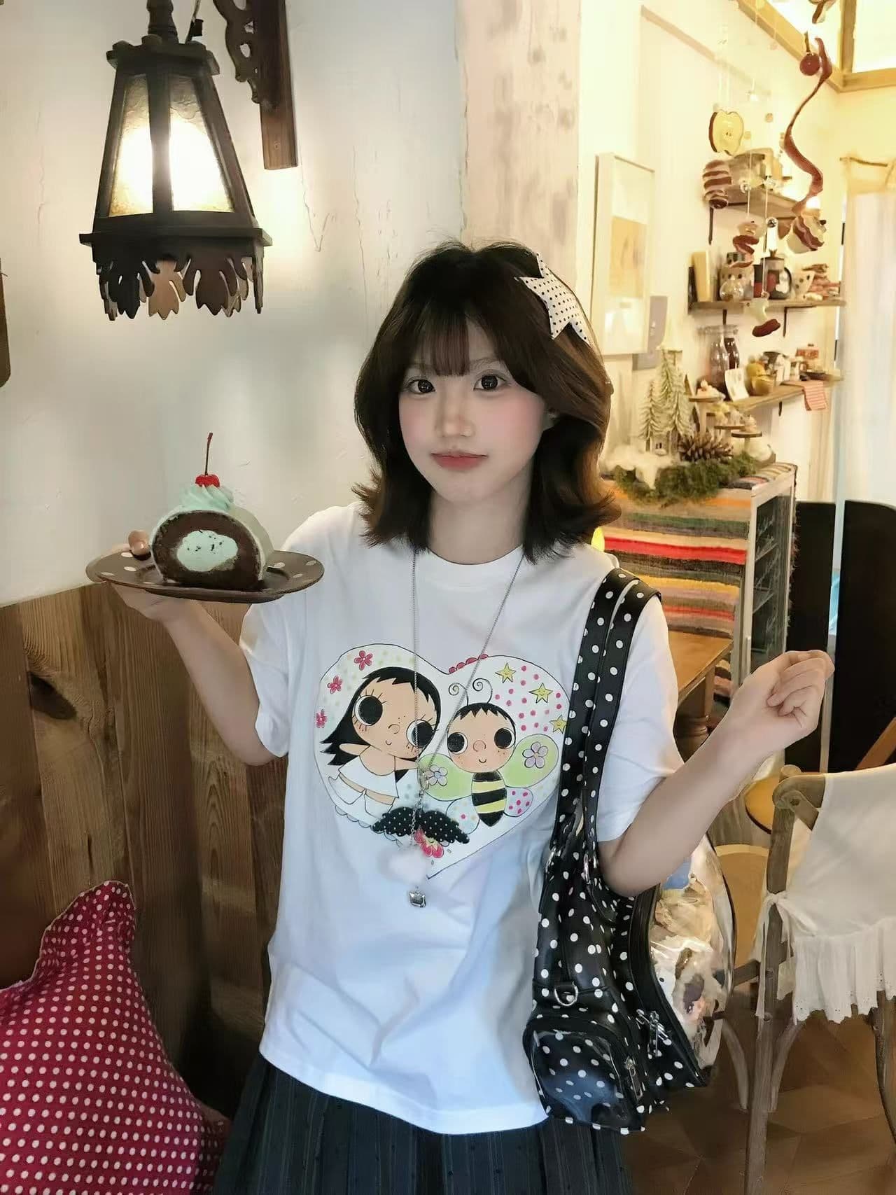 새로운 생방송 품질 이후 패키지 칼라 반팔 티셔츠 만화 소녀 프린트