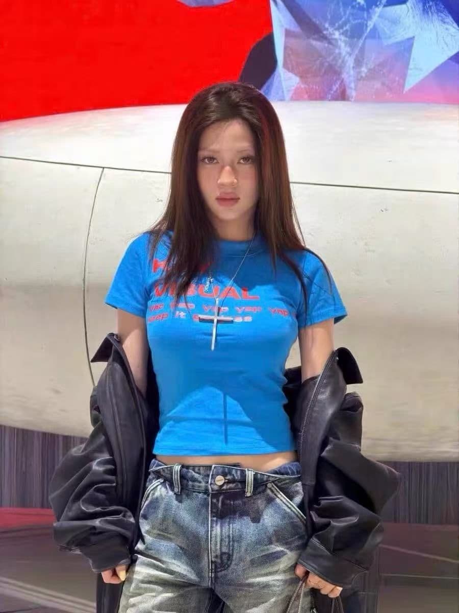 새로운 출처 생방송 품질 이후 패키지 칼라 높은 탄력성 몸매 가꾸기 알파벳 프린트 이미지 4