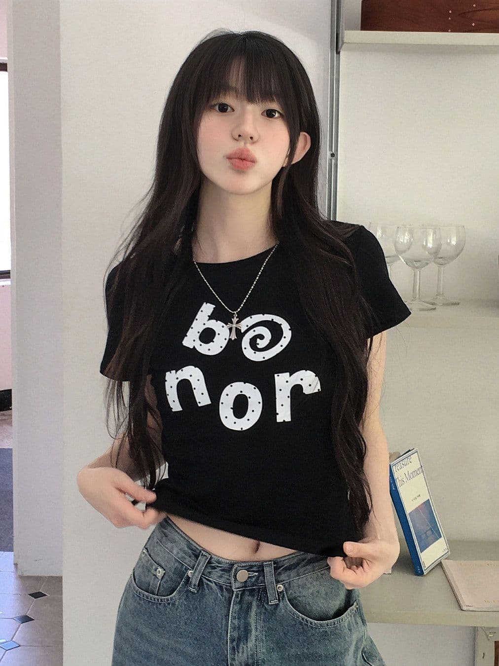 새로운 출처 생방송 품질 이후 패키지 칼라 높은 탄력성 몸매 가꾸기 알파벳 프린트 상세 이미지 6