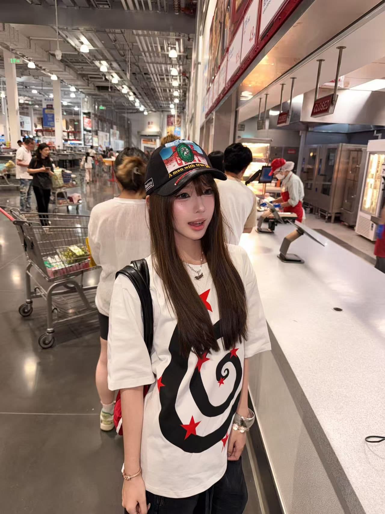 새로운 출처 생방송 품질 이후 패키지 칼라 티셔츠 소용돌이 별 프린트 상세 이미지 9