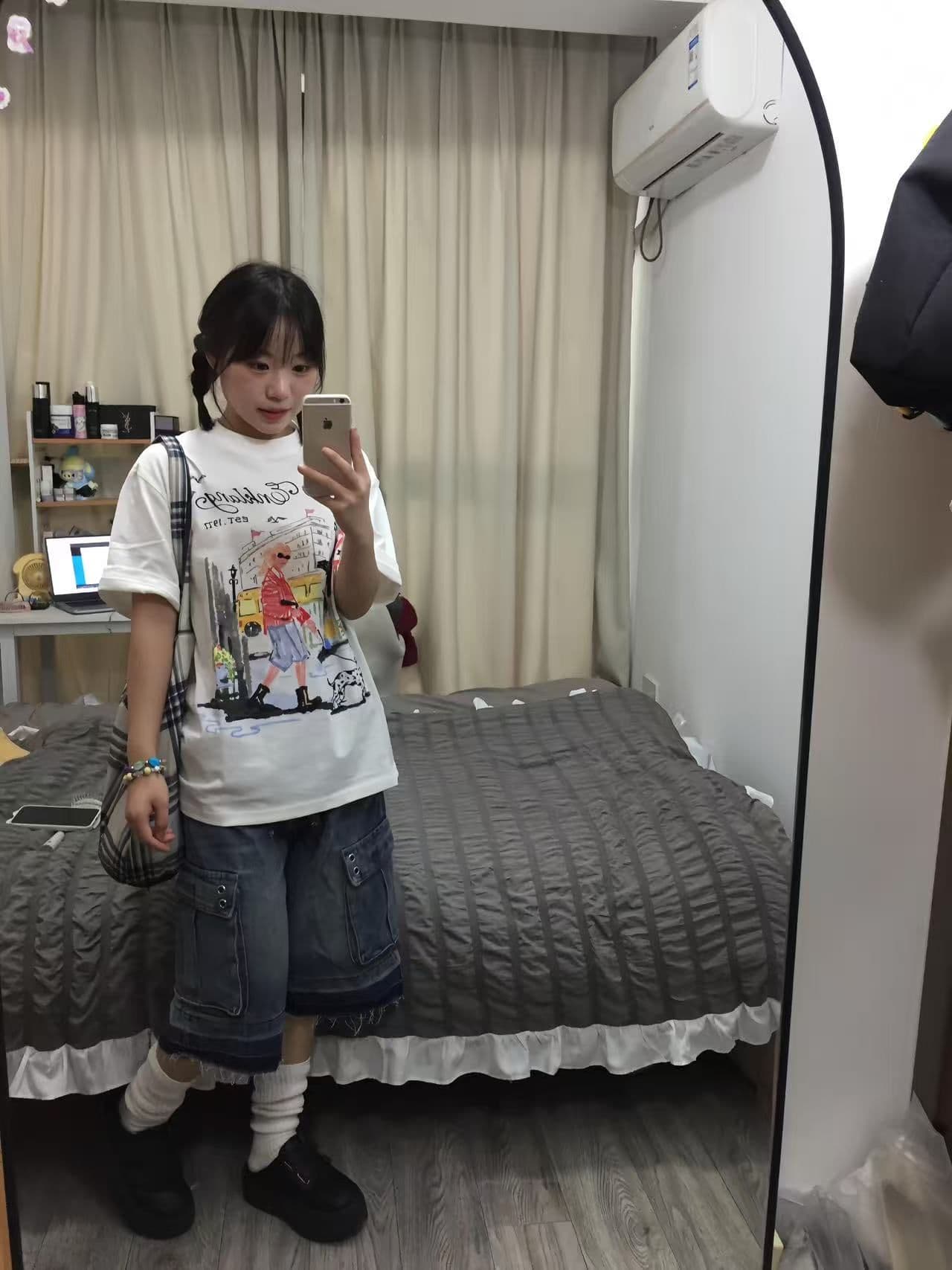 새로운 생방송 품질 이후 패키지 칼라 라운드 넥 반팔 티셔츠 낙서 프린트 이미지 2