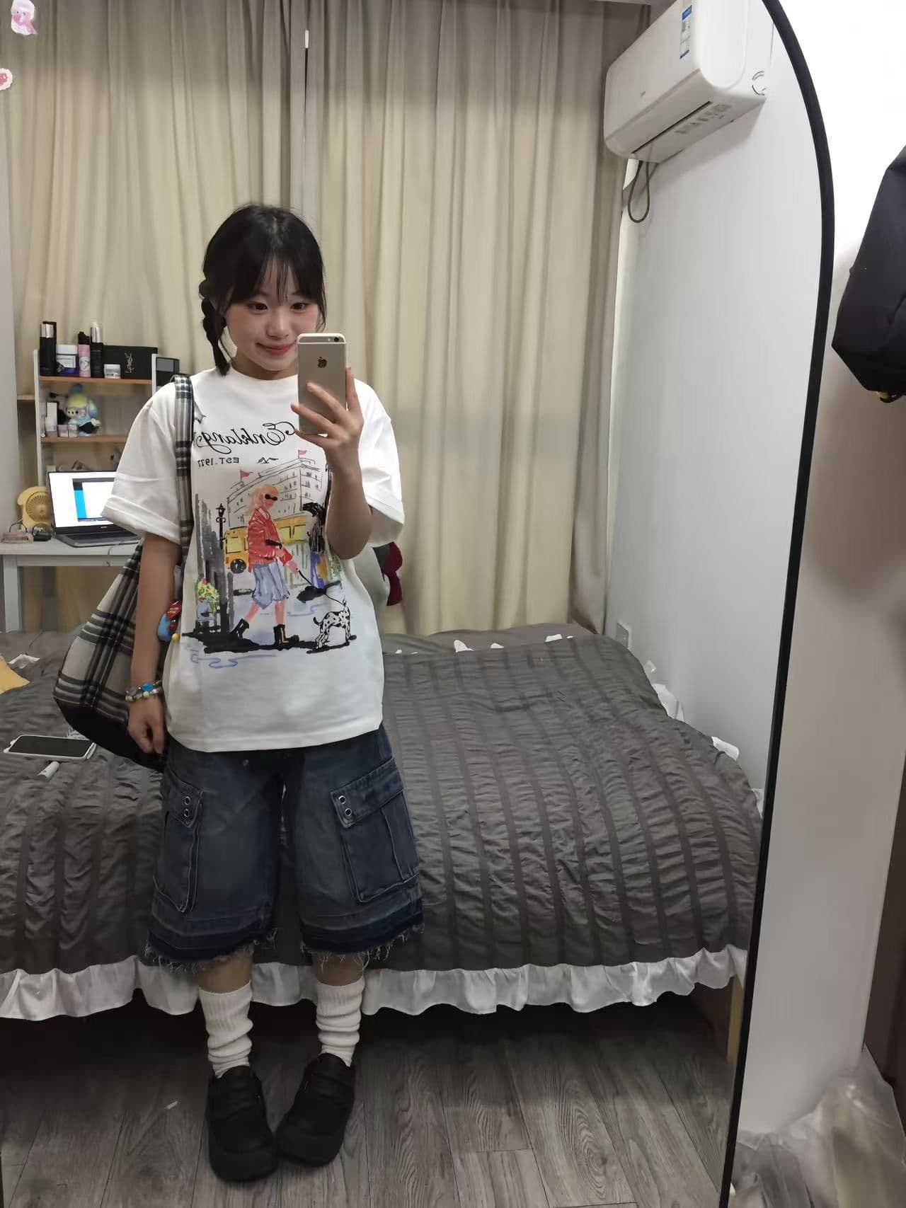 새로운 생방송 품질 이후 패키지 칼라 라운드 넥 반팔 티셔츠 낙서 프린트 상세 이미지 2